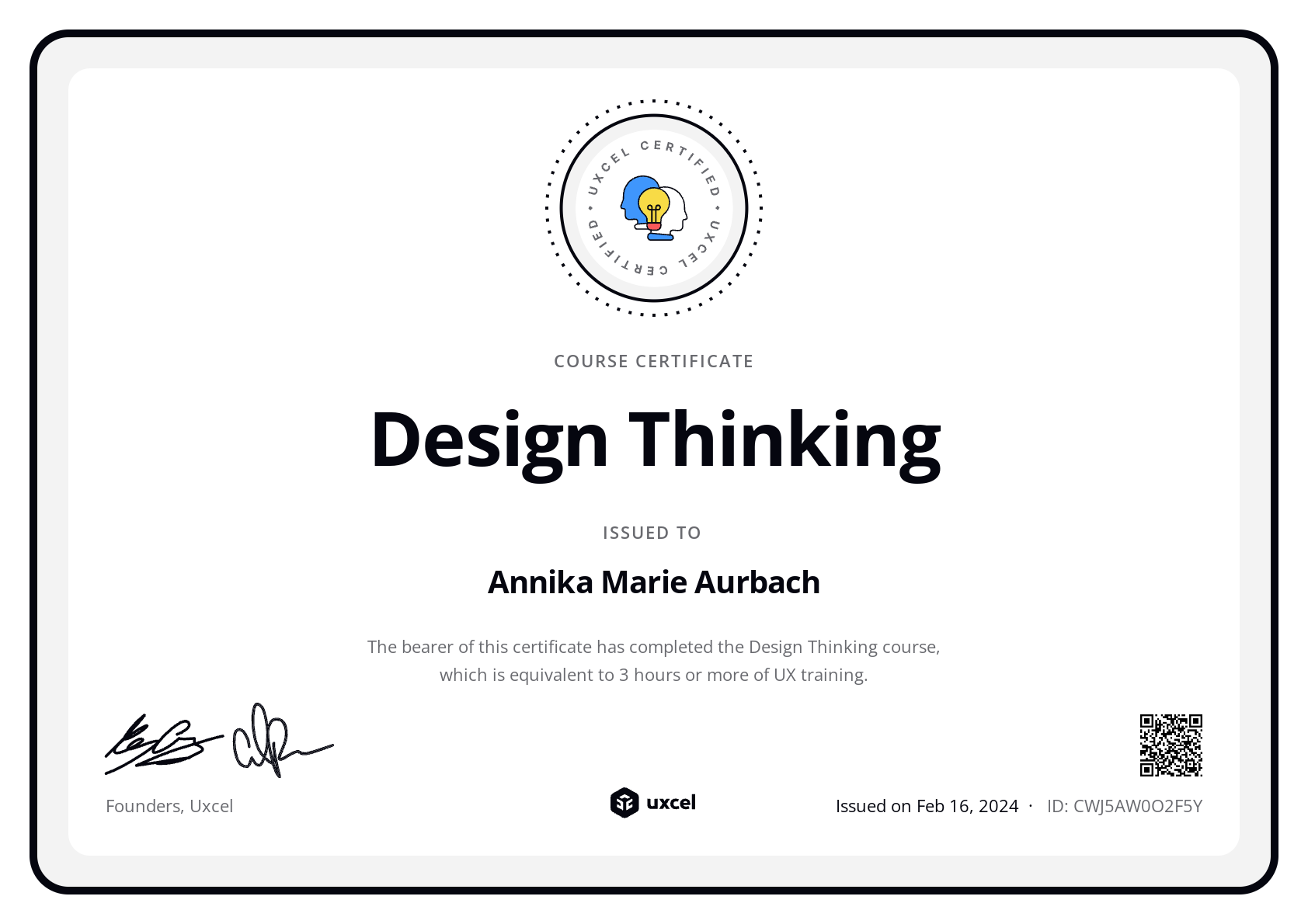 Annika Marie Aurbach's certificate